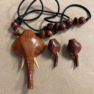 Hand Carved Wooden Elephant Necklace Set